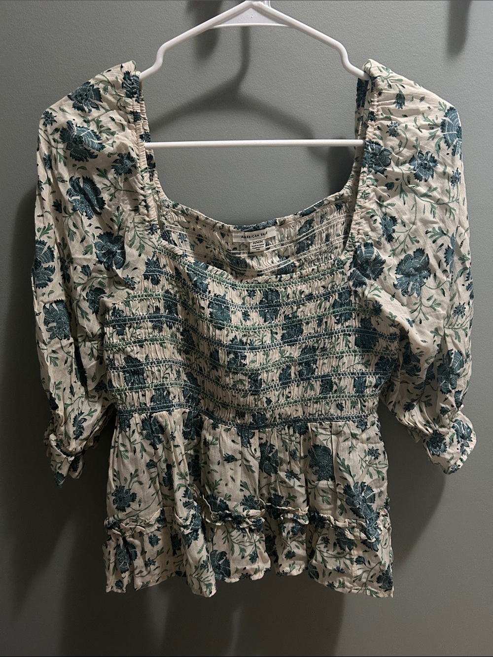 American Eagle Outfitters Cream Blouse with Teal Floral Print
